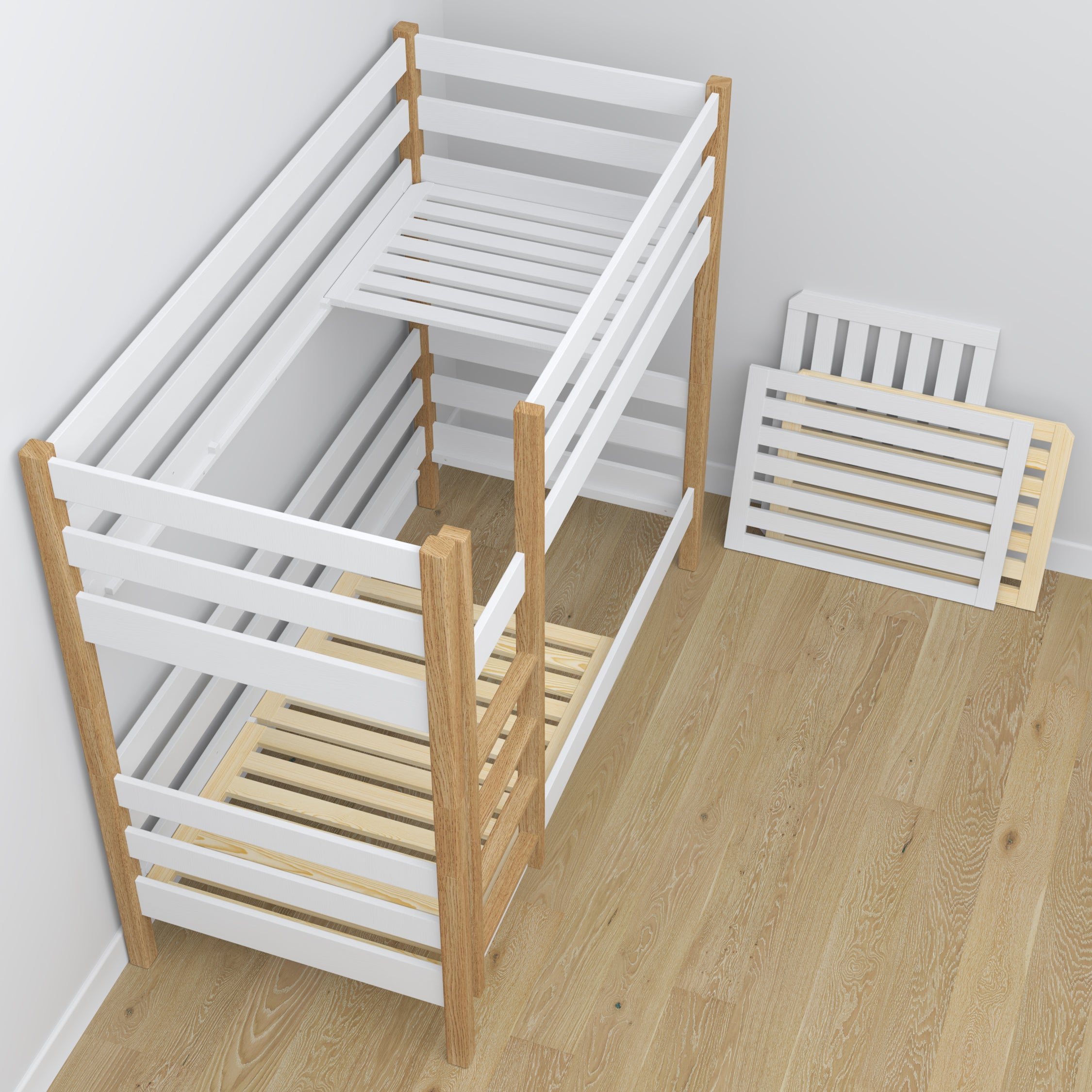 White and Oak Wooden Bunk Bed with Drawer – Scandinavian Design, Nizio
