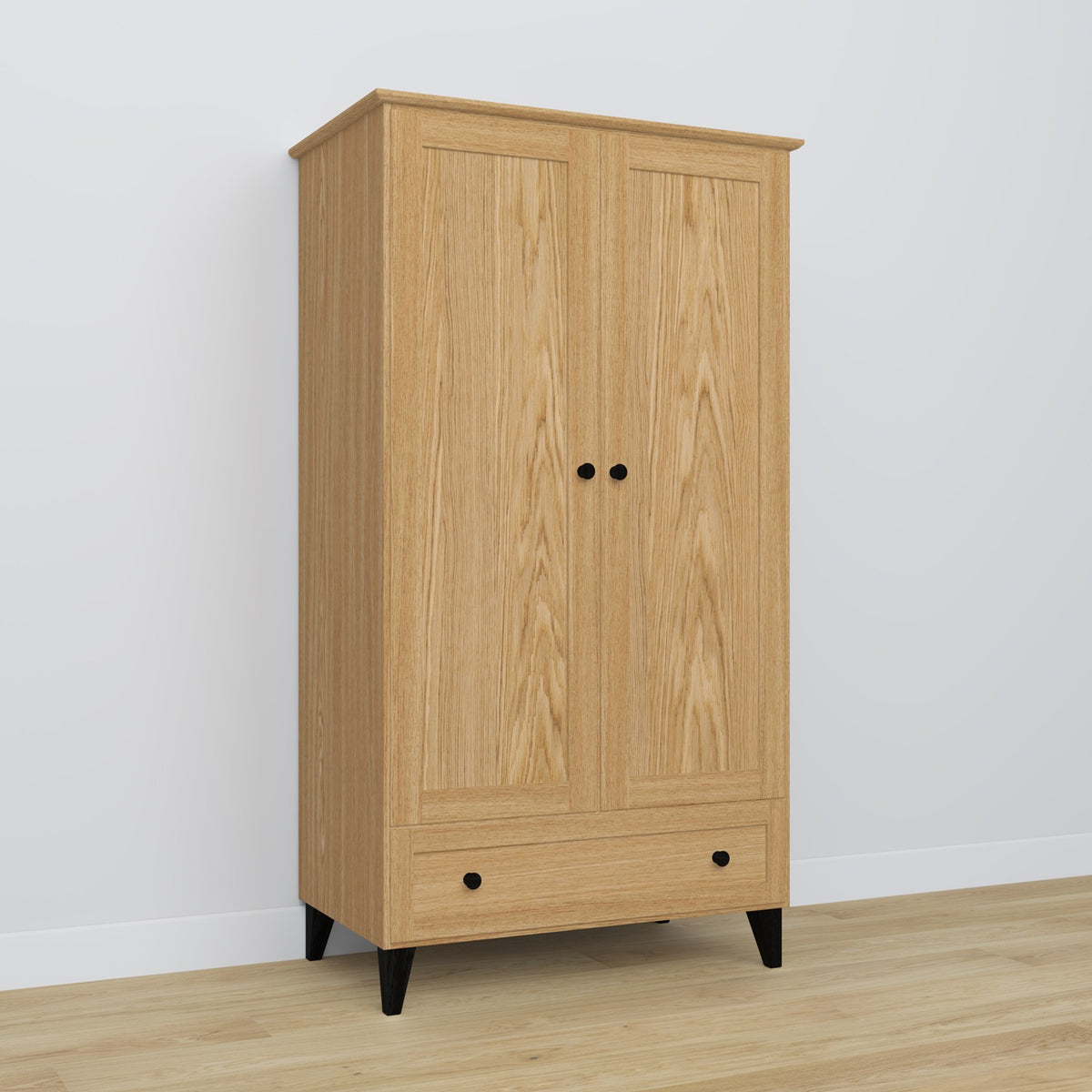 Armoire 2D1S en chêne chêne naturel avec noir – portes ouvertes, tringle et étagères intérieures