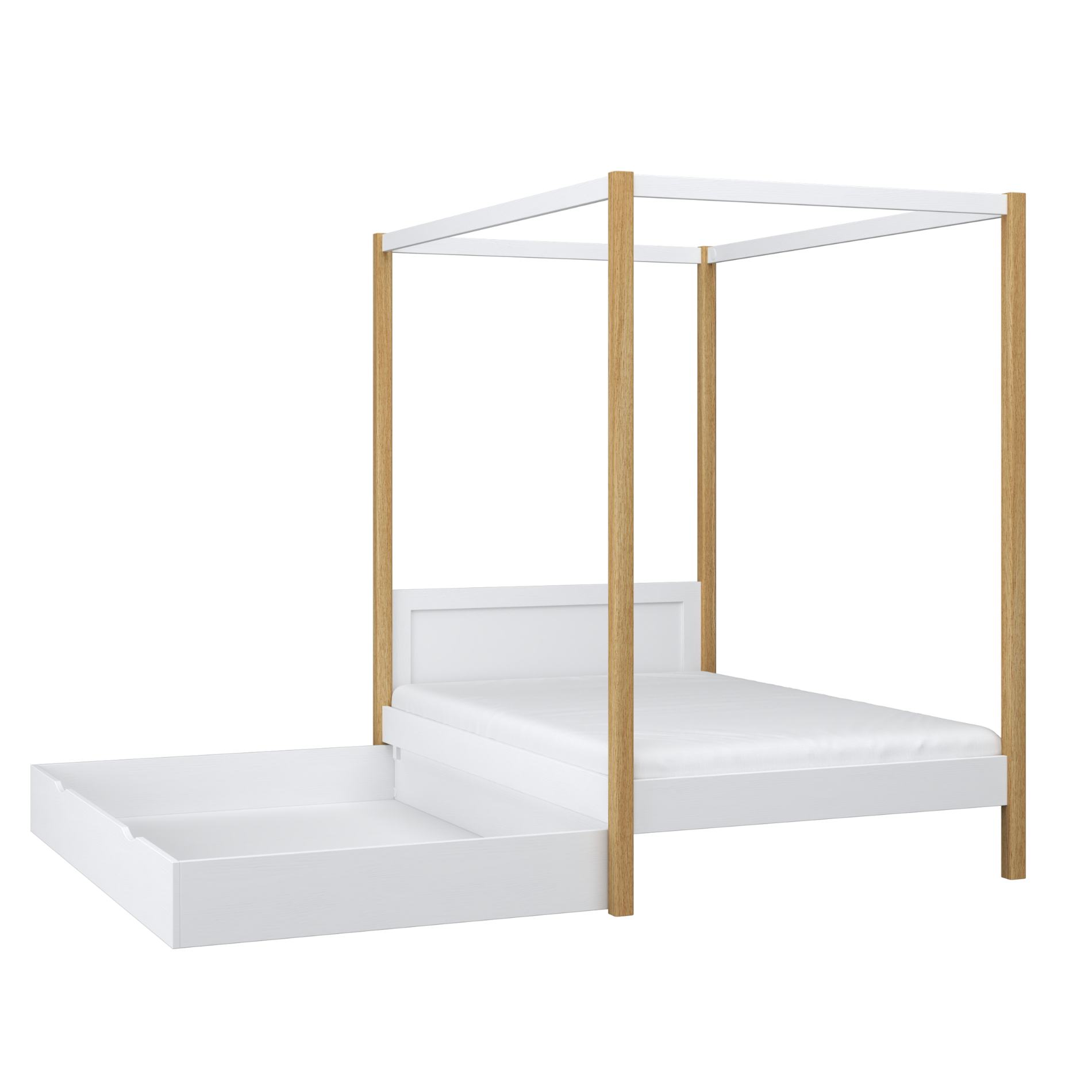 Bed white/oak canopy bed with drawer – side view, wooden