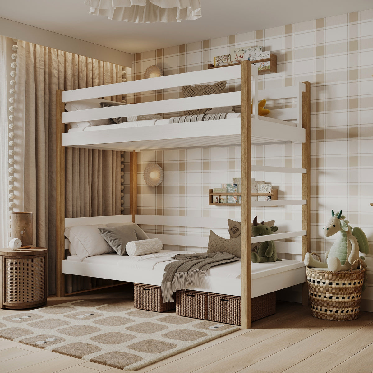 Lit superposé blanc-chêne – échelle i barrière ochronna en bois, Nizio Home