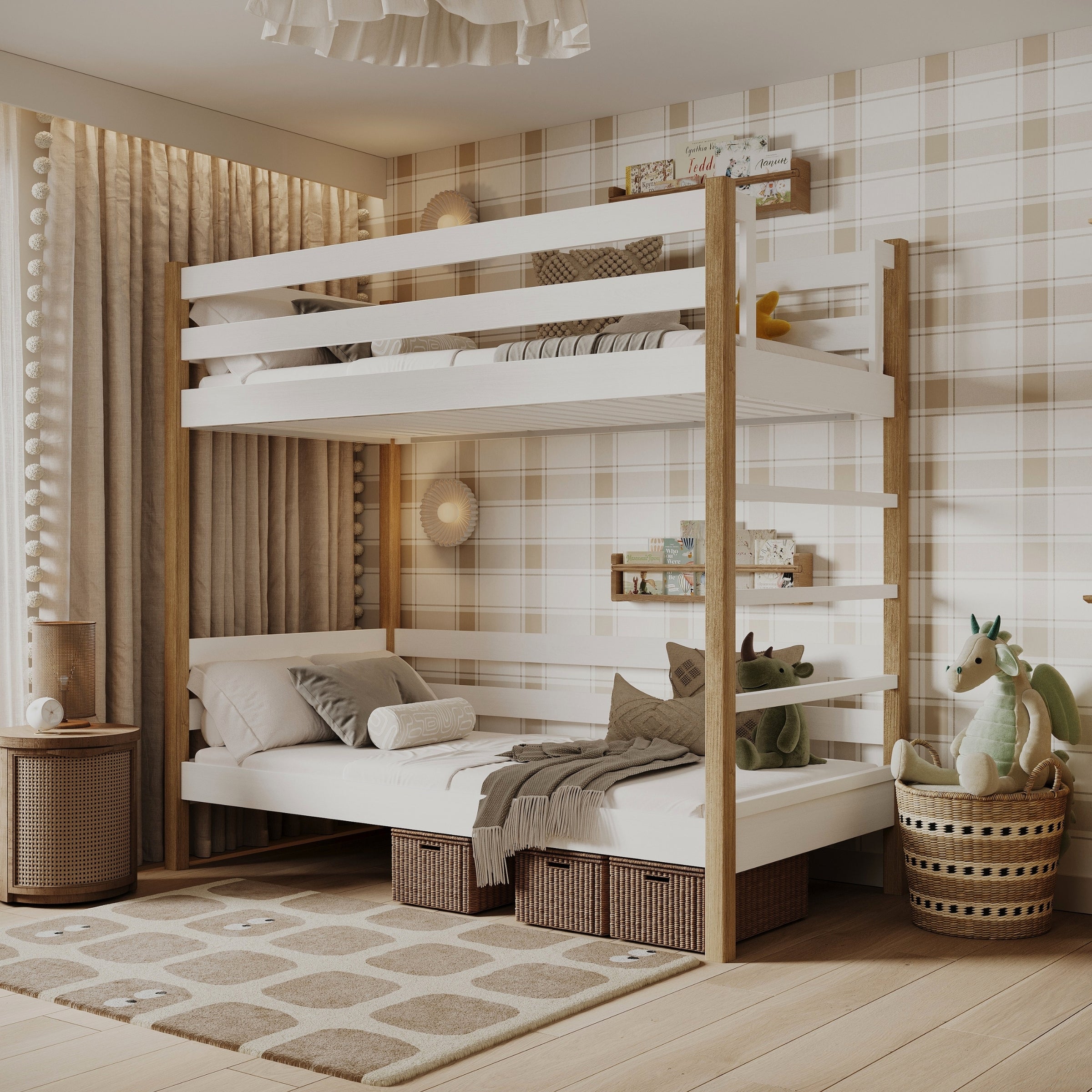 Lit superposé blanc-chêne – échelle i barrière ochronna en bois, Nizio Home