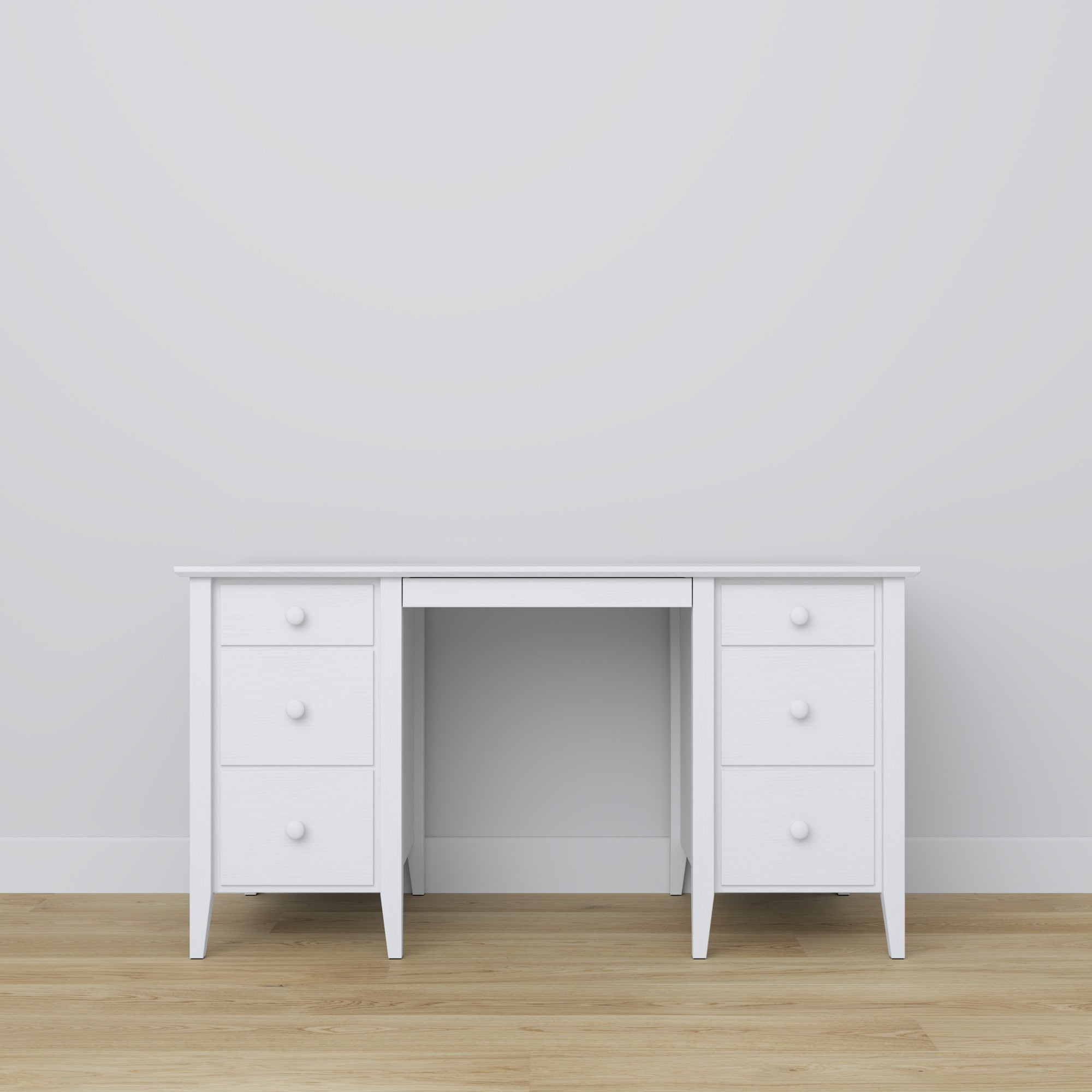 Bureau 6S en bois blanc – tiroirs ouverts, rangements pour documents