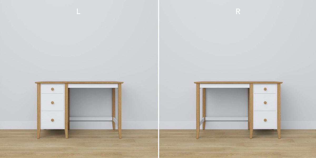 Bureau 3S en bois blanc avec chêne – tiroirs ouverts, rangements pour documents