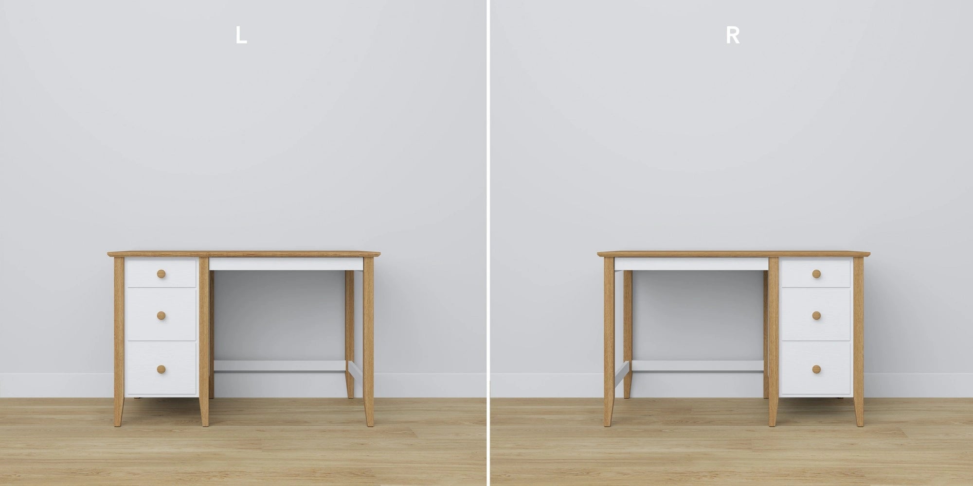 Bureau 3S en bois blanc avec chêne – tiroirs ouverts, rangements pour documents