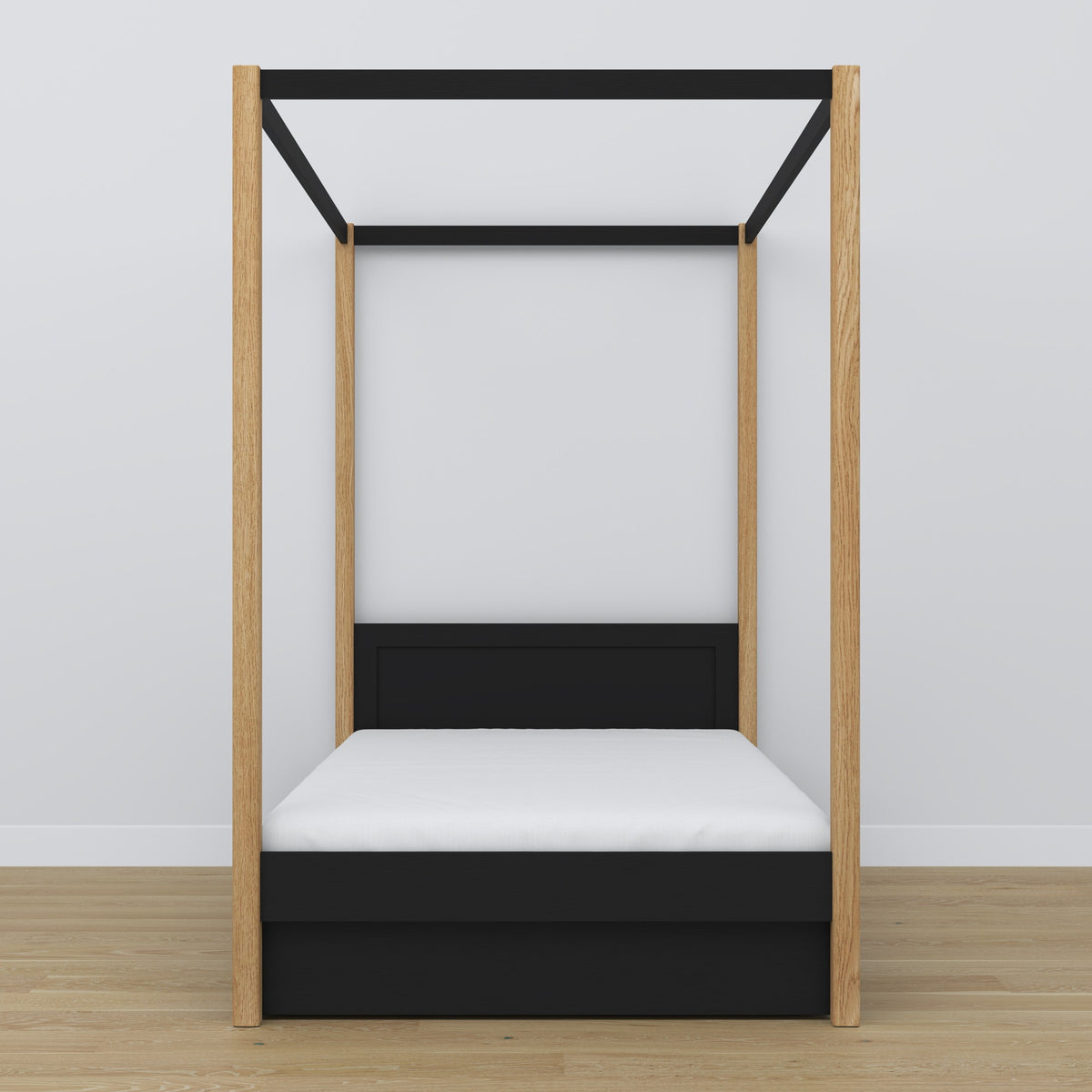 Black and Oak Canopy Bed – Open Drawer, Wooden, Nizio Home