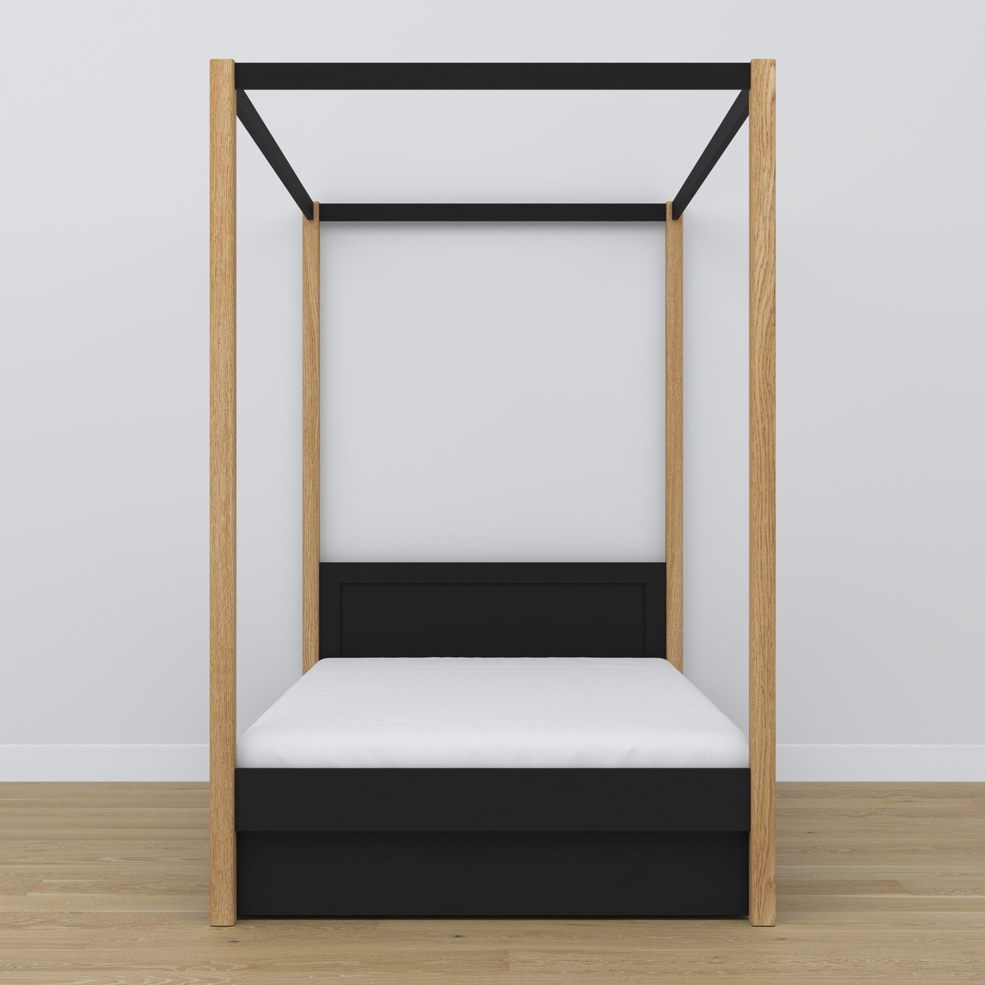 Black and Oak Canopy Bed – Open Drawer, Wooden, Nizio Home