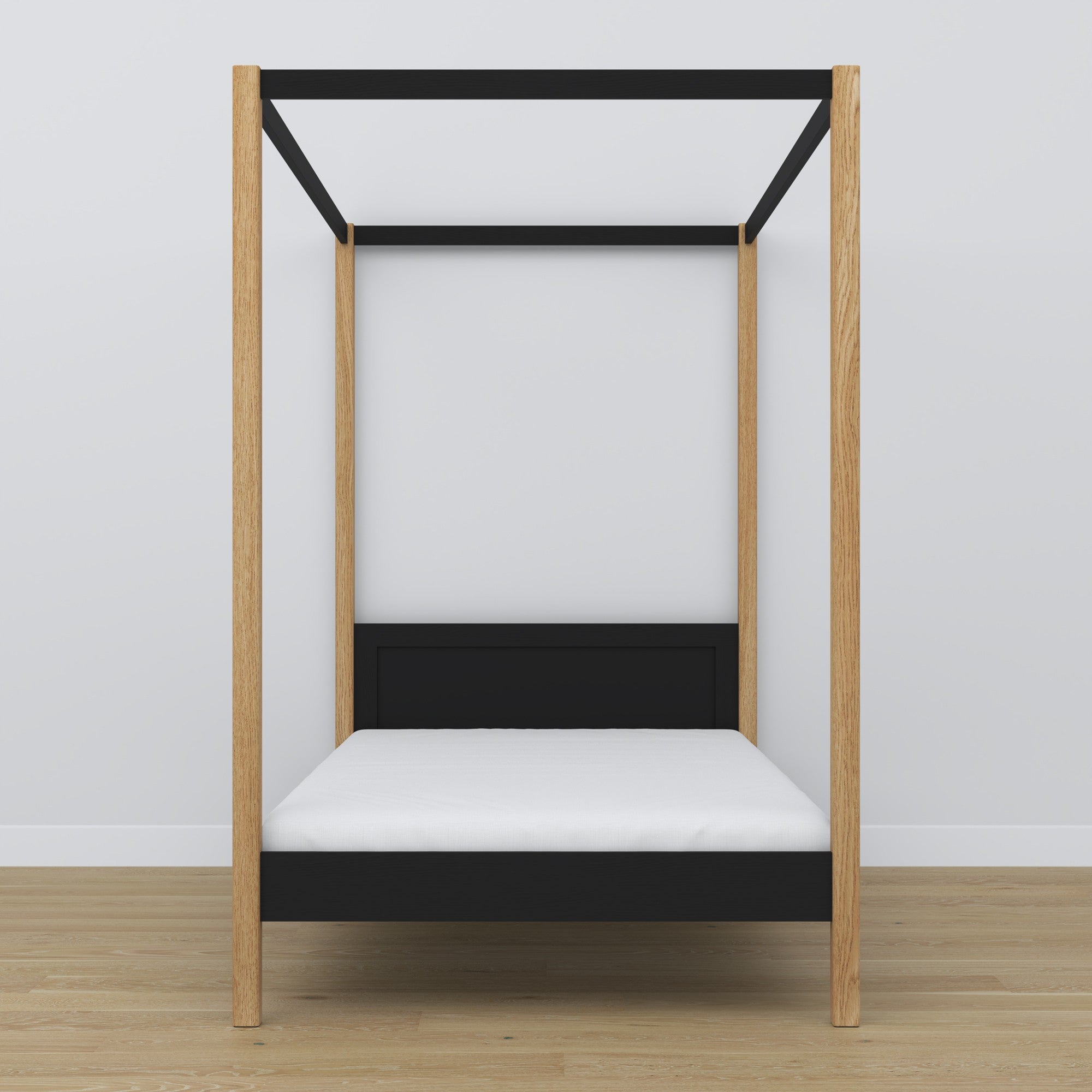 Himmelbett aus Holz, Schwarz-Eiche – Nahaufnahme von Himmel und Kopfteil