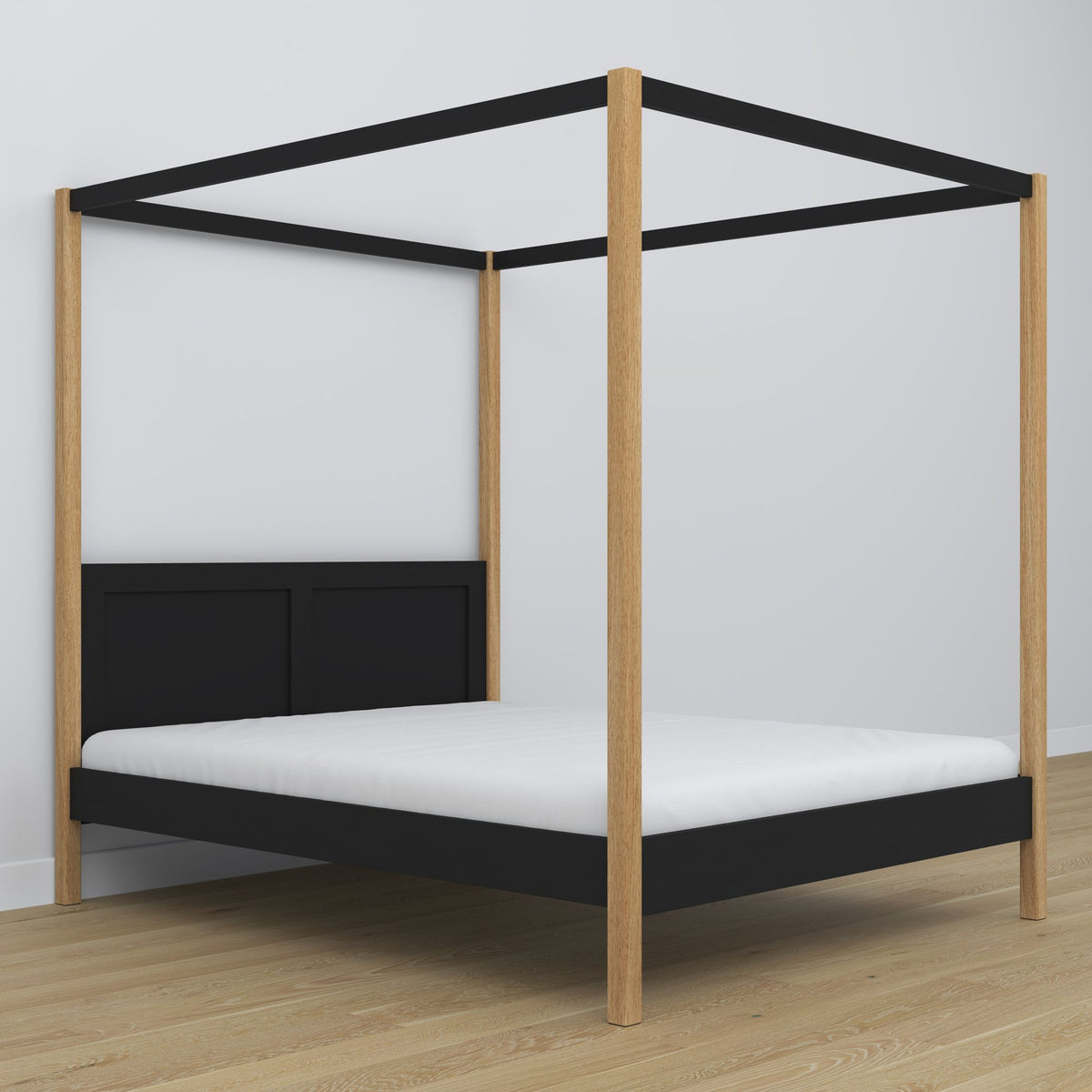 Himmelbett aus Holz, Schwarz-Eiche – Maße und Schema, Nizio Home