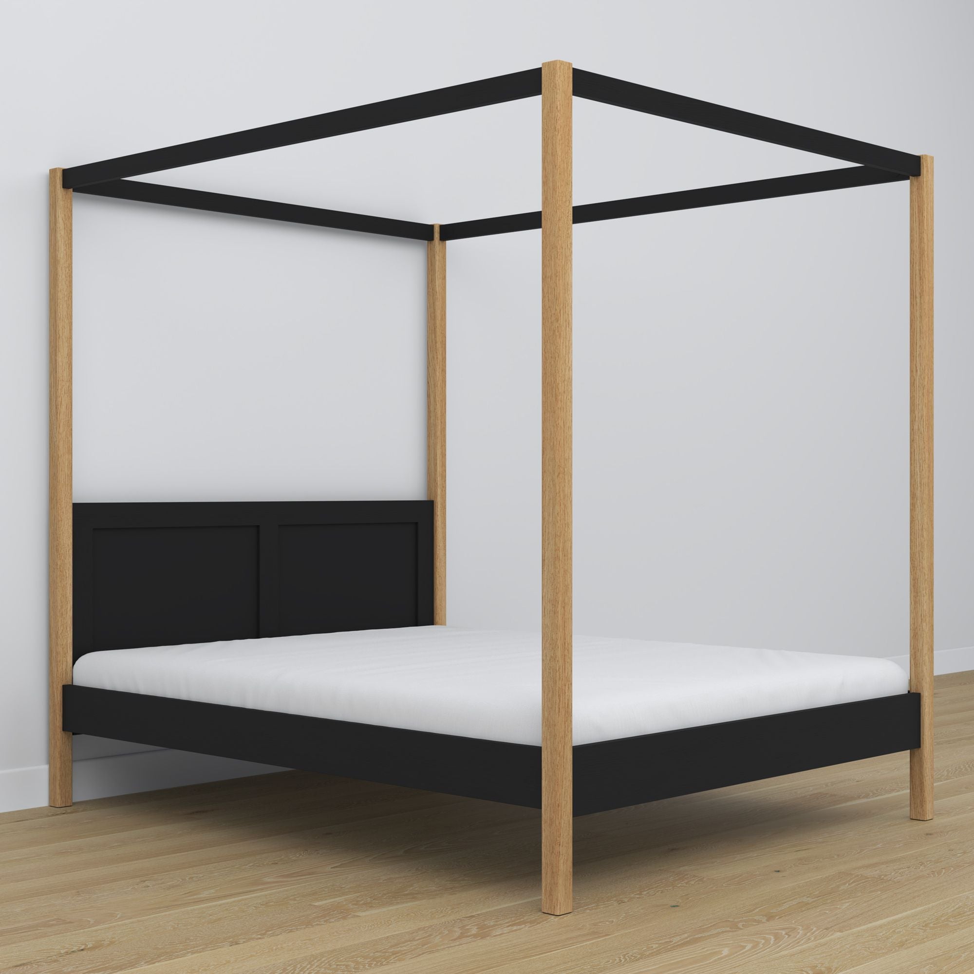 Himmelbett aus Holz, Schwarz-Eiche – Maße und Schema, Nizio Home