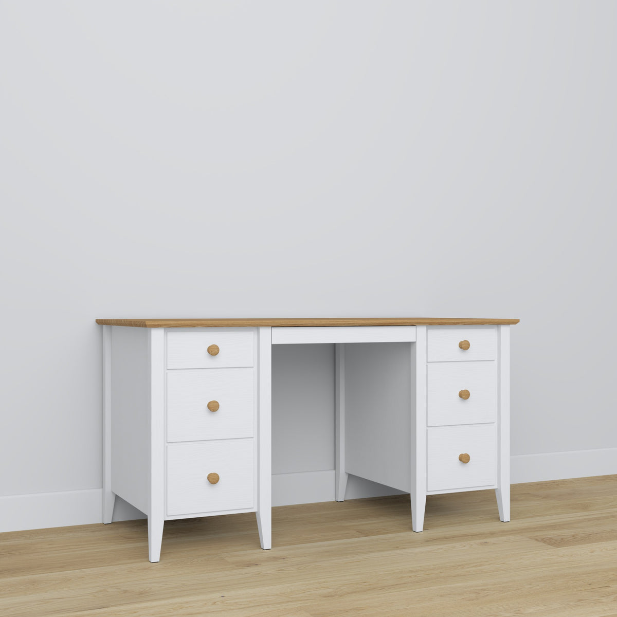 Bureau 6S blanc avec chêne – en bois, plateau large, vue frontale, Nizio