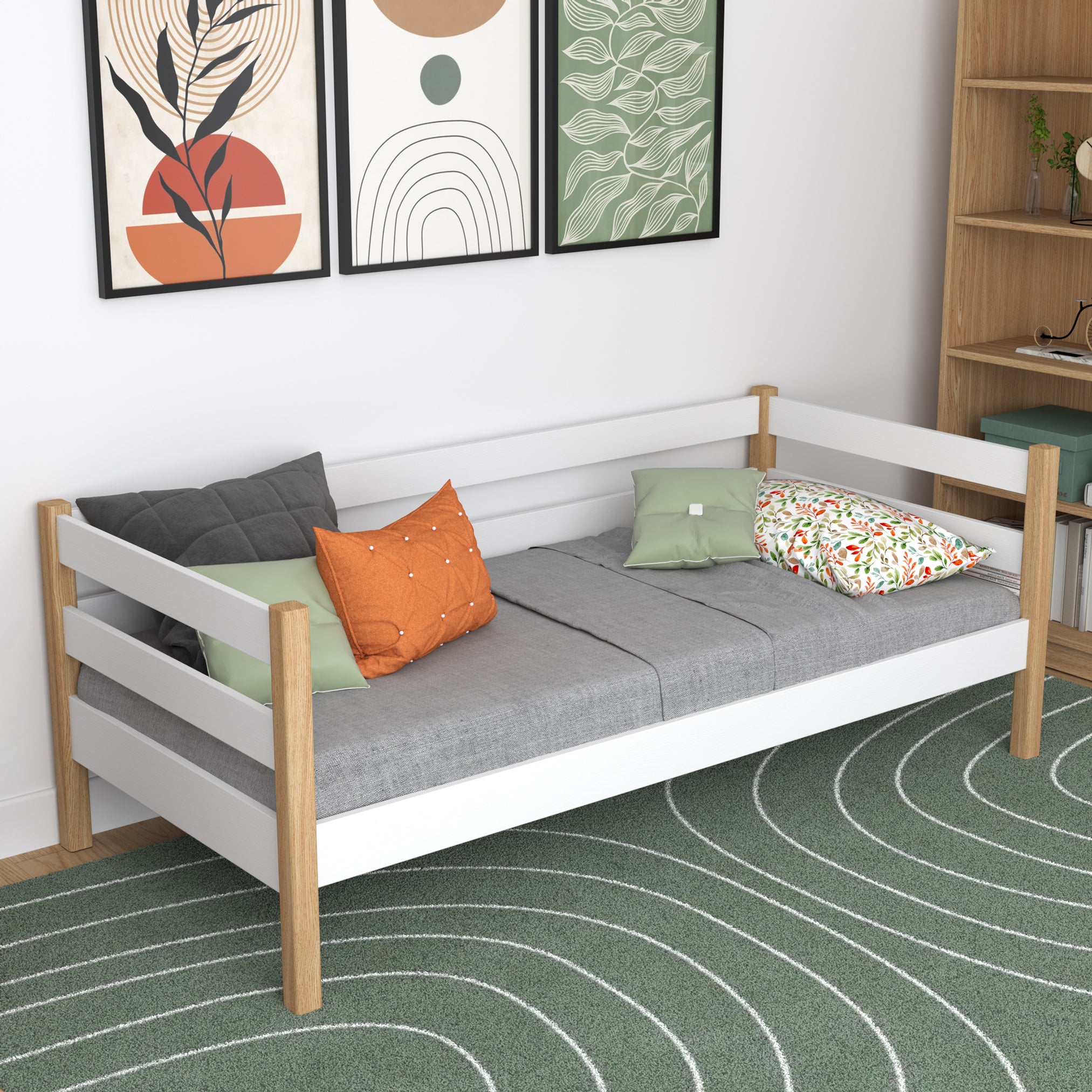 Bettsofa aus Holz Weiß-Eiche – Seitenansicht, Form und Proportionen des Möbelstücks