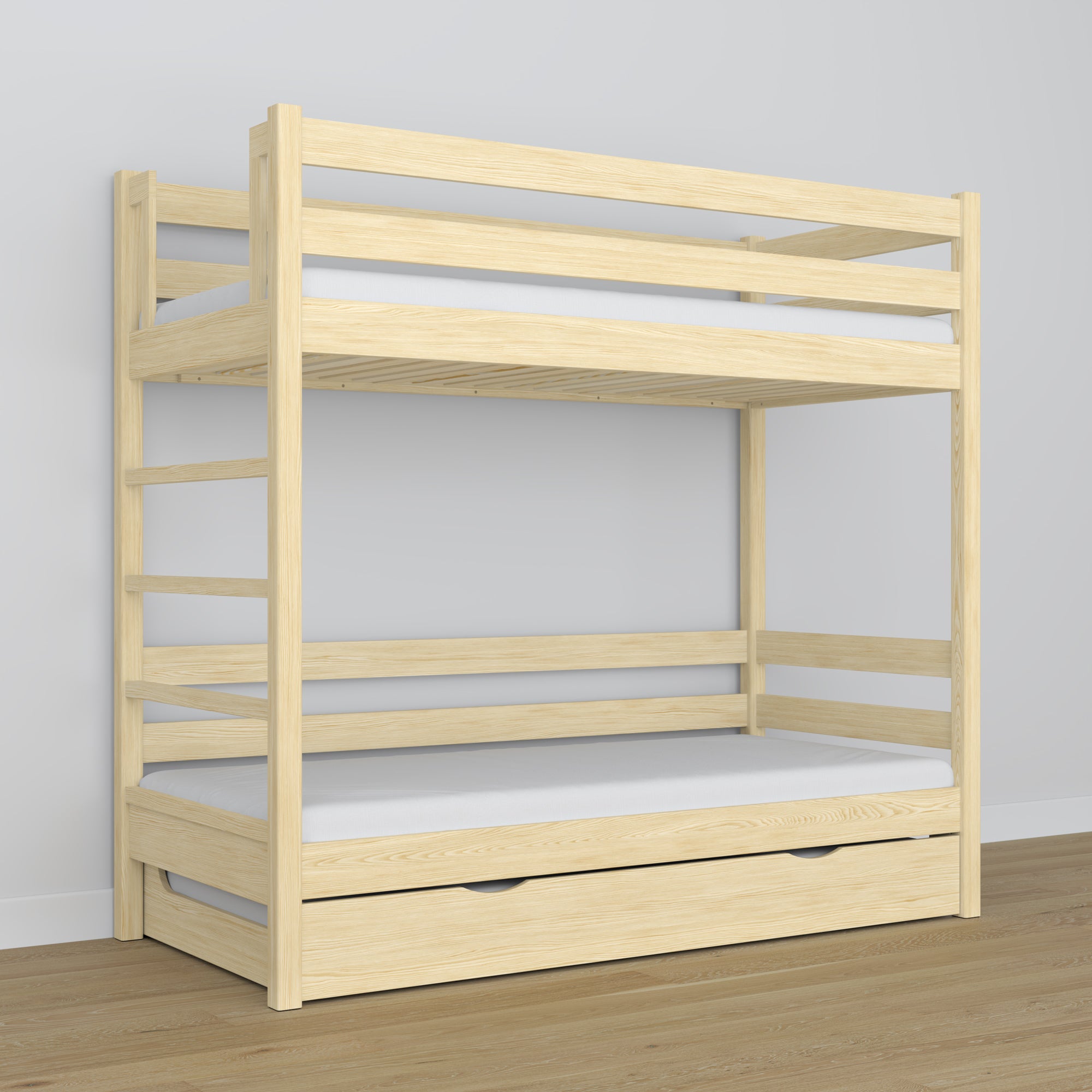 Bunk Bed with Mattress Drawer Clear Pine Wooden – Solid Wood, Scandi Style