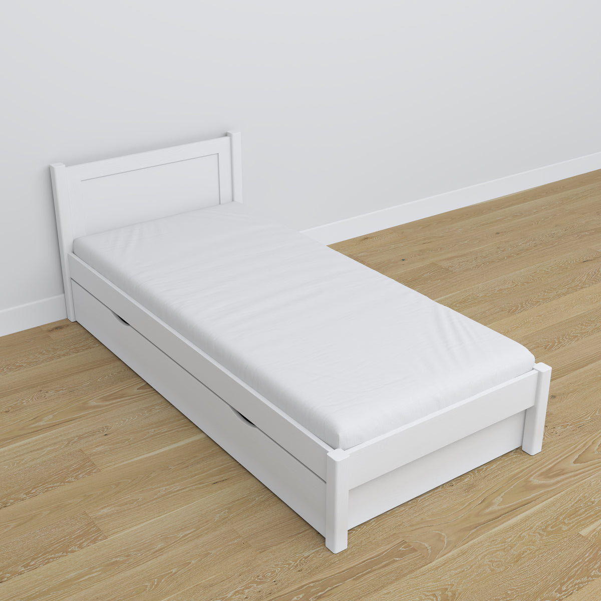 Bett mit Schublade aus Holz Weiß – Maße und Schema, Nizio Home