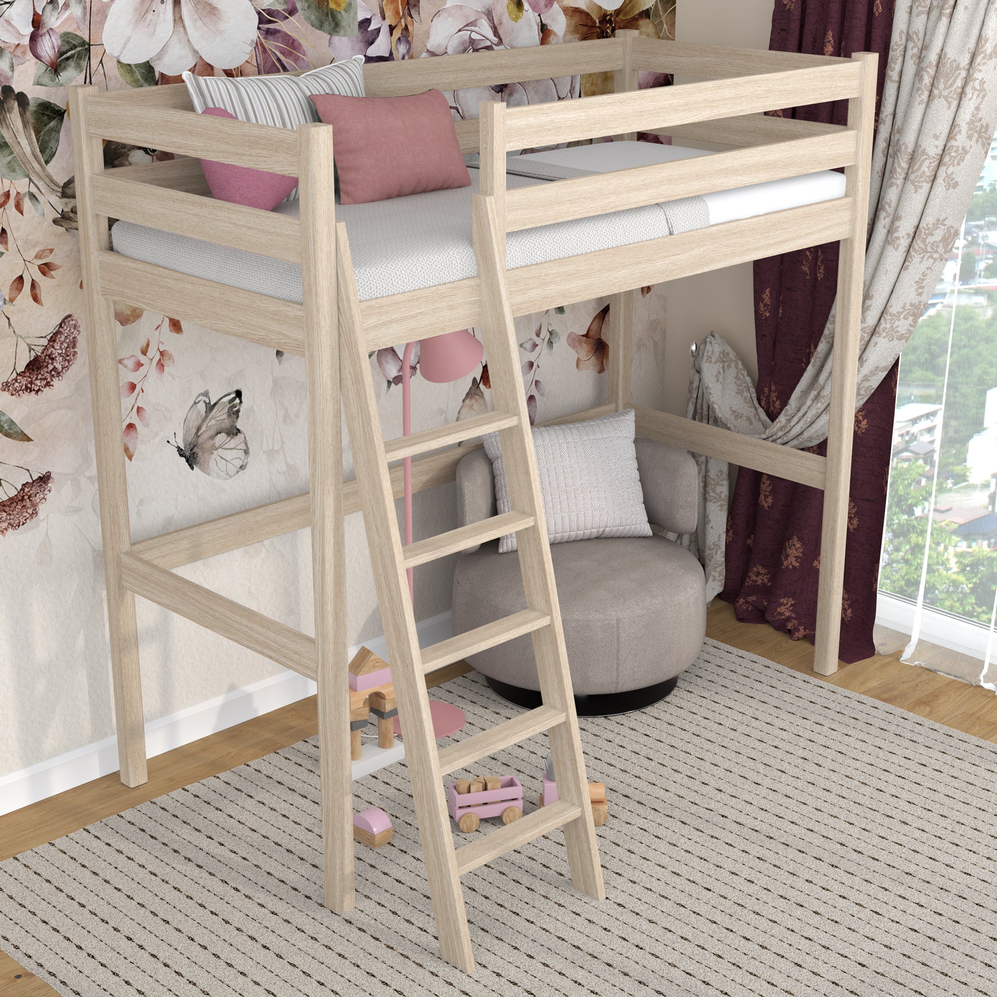Hochbett gebleichte Eiche im Kinderzimmer – Scandi-Einrichtung, aus Eichenholz