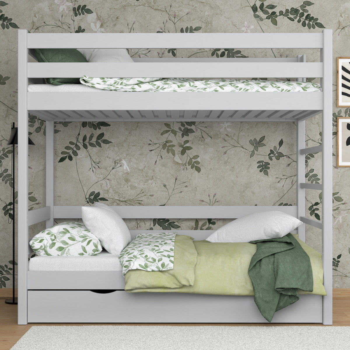 Etagenbett Aschgrau mit Schublade – Schutzgitter und Leiter aus Holz, Nizio