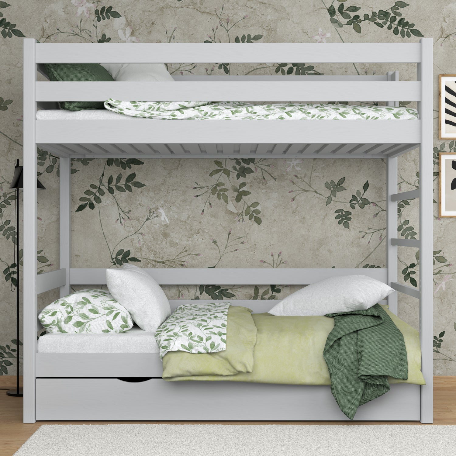 Etagenbett Aschgrau mit Schublade – Schutzgitter und Leiter aus Holz, Nizio