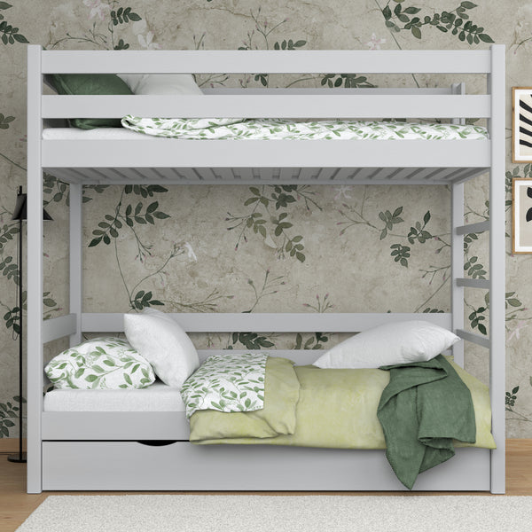 Grey Bunk Bed with Drawer – Wooden Safety Rail and Ladder, Nizio