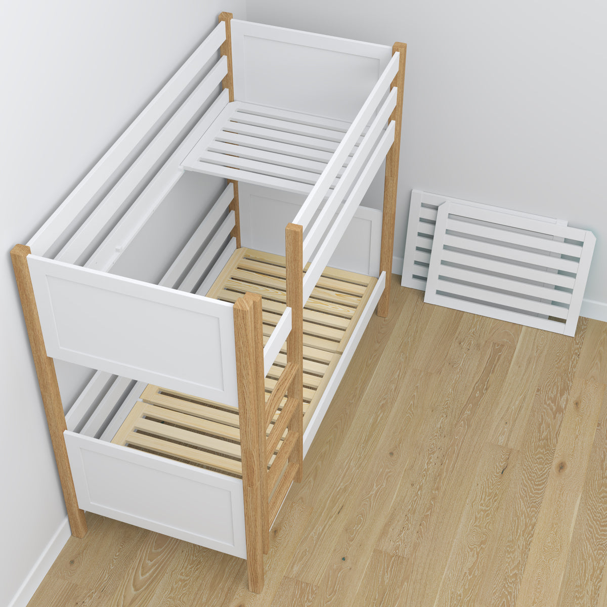 White and Oak Wooden Bunk Bed – Slatted Frame, Durable Joinery Joints