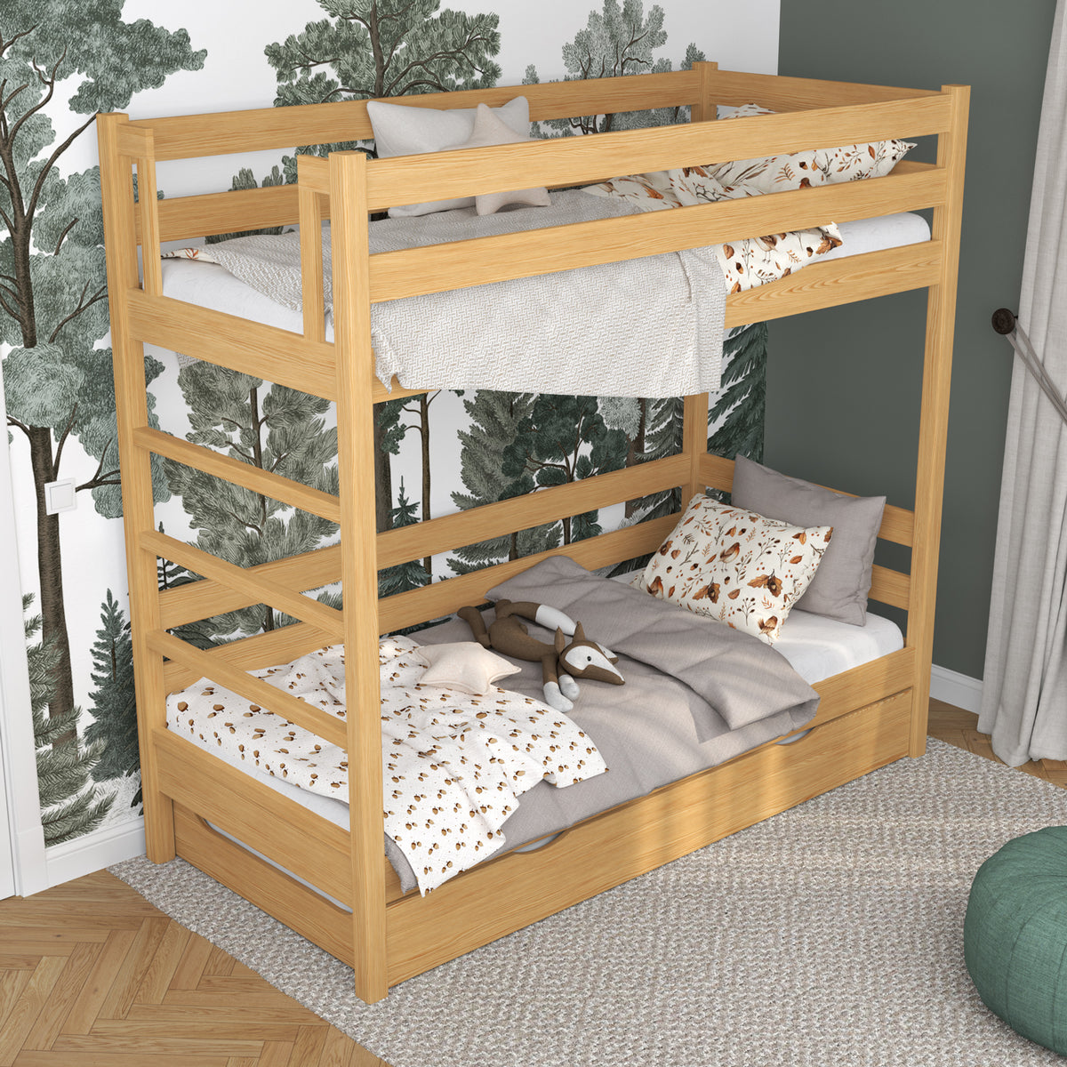 Natural Pine Wooden Bunk Bed – Ladder, Rails, Drawer for Extra Mattress
