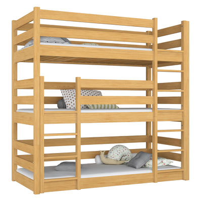 Lit superposé 3 niveaux en bois pin naturel – trois couchages, chambre d'enfant scandinave