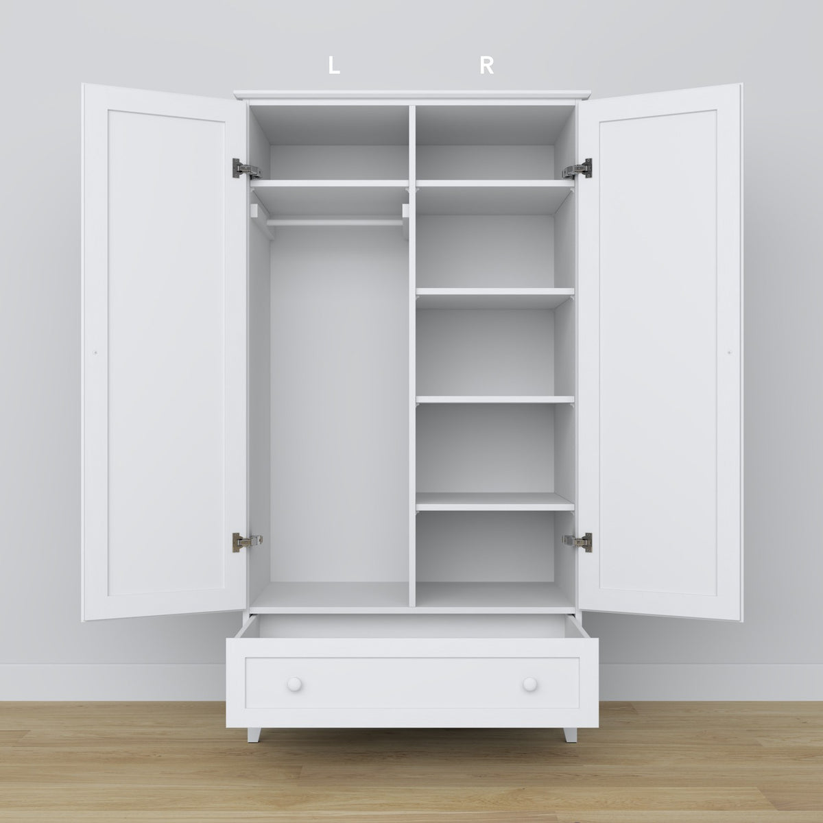 Armoire 2D1S blanc – tiroir ouvert, rangement spacieux, en bois