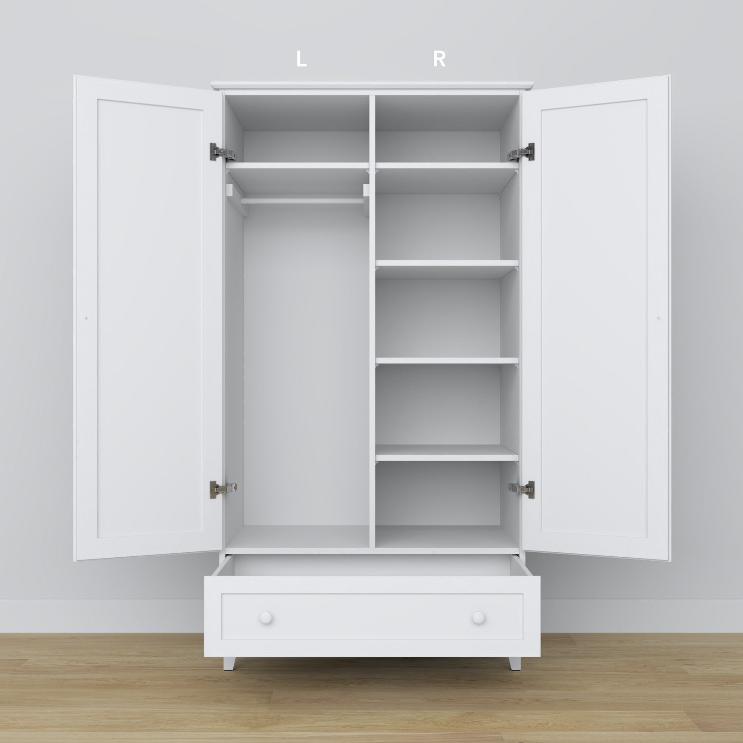 Armoire 2D1S blanc – tiroir ouvert, rangement spacieux, en bois