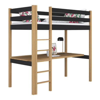 Black and Oak Wooden Loft Bed with Desk – Children’s Room, Scandi Nizio