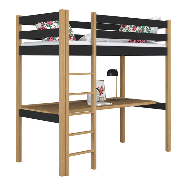 Black and Oak Wooden Loft Bed with Desk – Children’s Room, Scandi Nizio