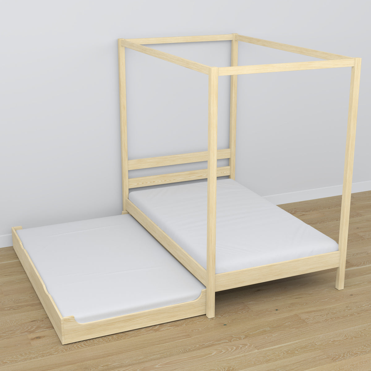 Wooden clear pine canopy bed – extended drawer, guest sleeping space