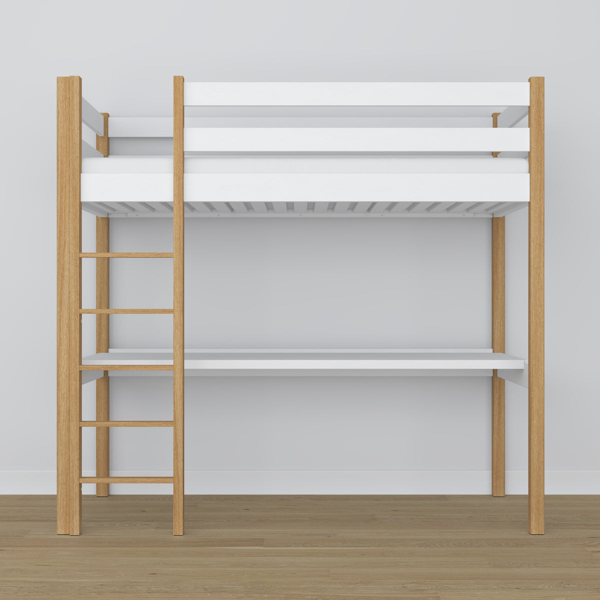 Loft bed white/oak with desk – study space under the sleeping area, wooden