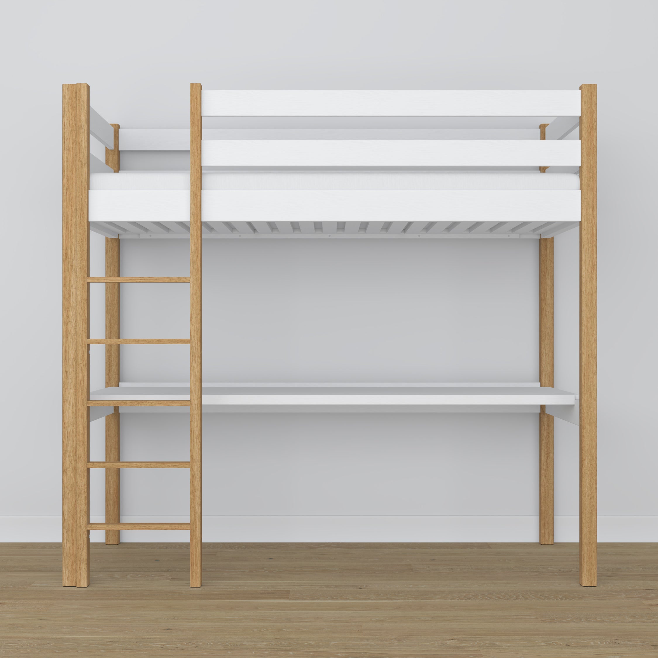 Loft bed white/oak with desk – study space under the sleeping area, wooden