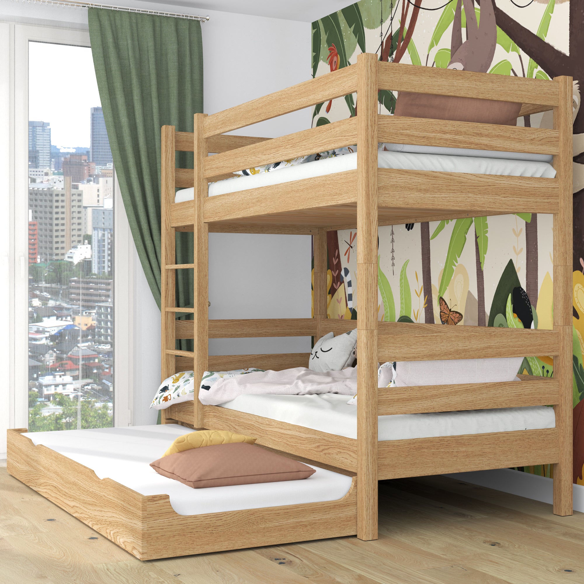 Lit superposé en chêne chêne naturel – échelle, barrières, tiroir na dodatkowy matelas