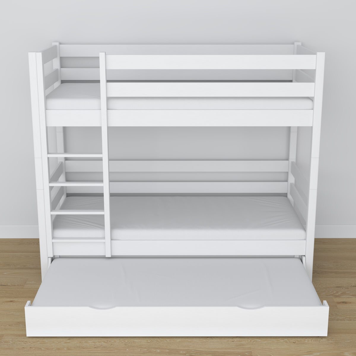 Lit superposé blanc – sommier en bois à lattes, tiroir na matelas