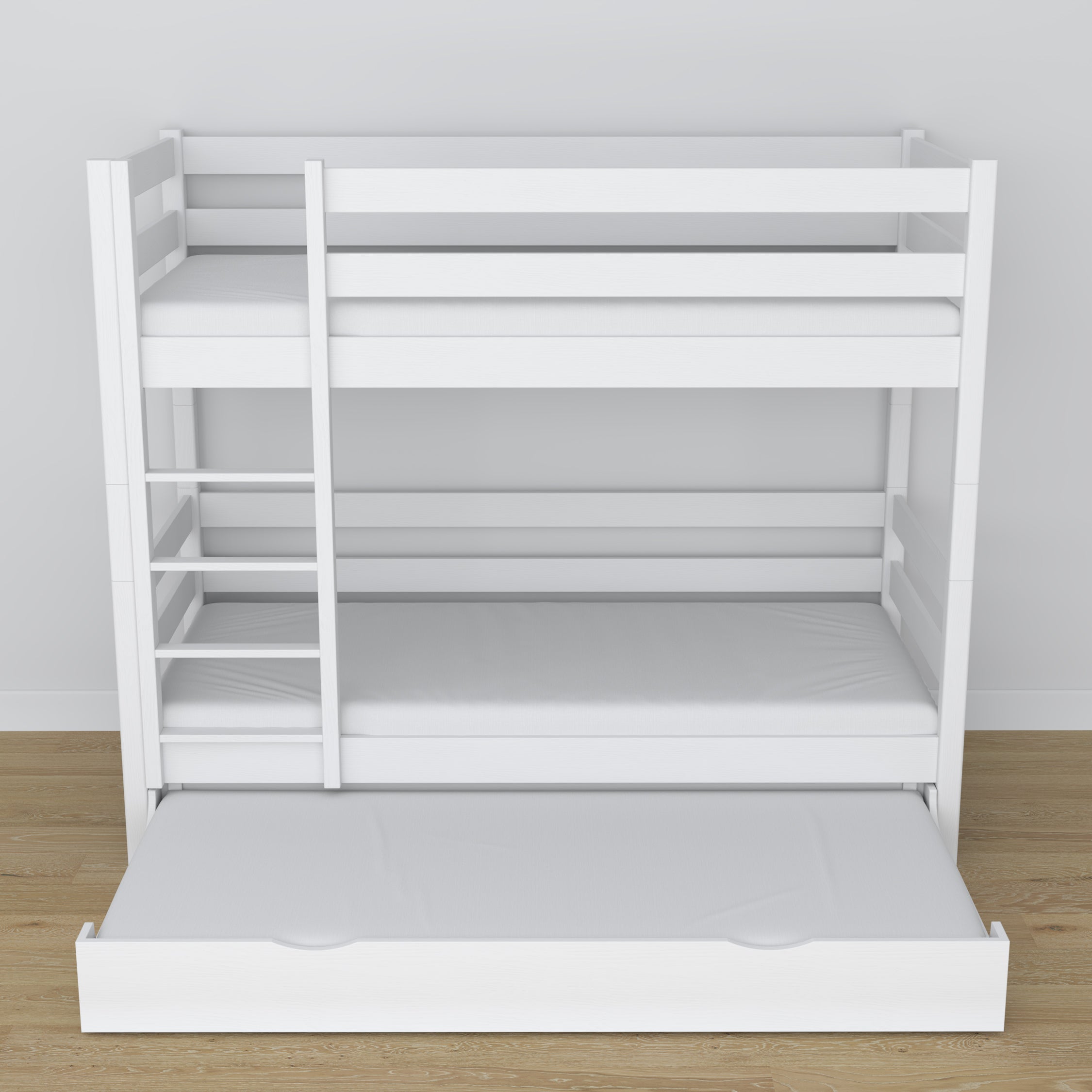 Lit superposé blanc – sommier en bois à lattes, tiroir na matelas