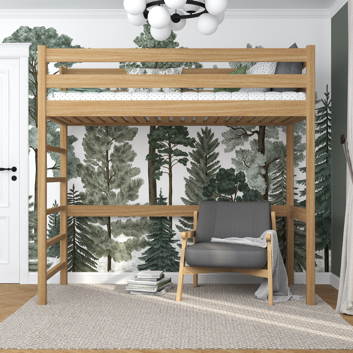 Hochbett Natureiche – Leiter und Absturzsicherung aus Eichenholz, Nizio Home