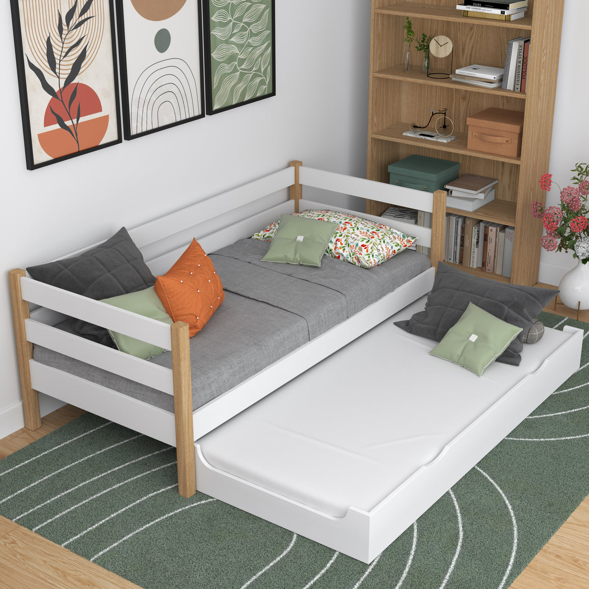 Bettsofa aus Holz Weiß-Eiche – herausgezogene Matratzenlade, für Gäste