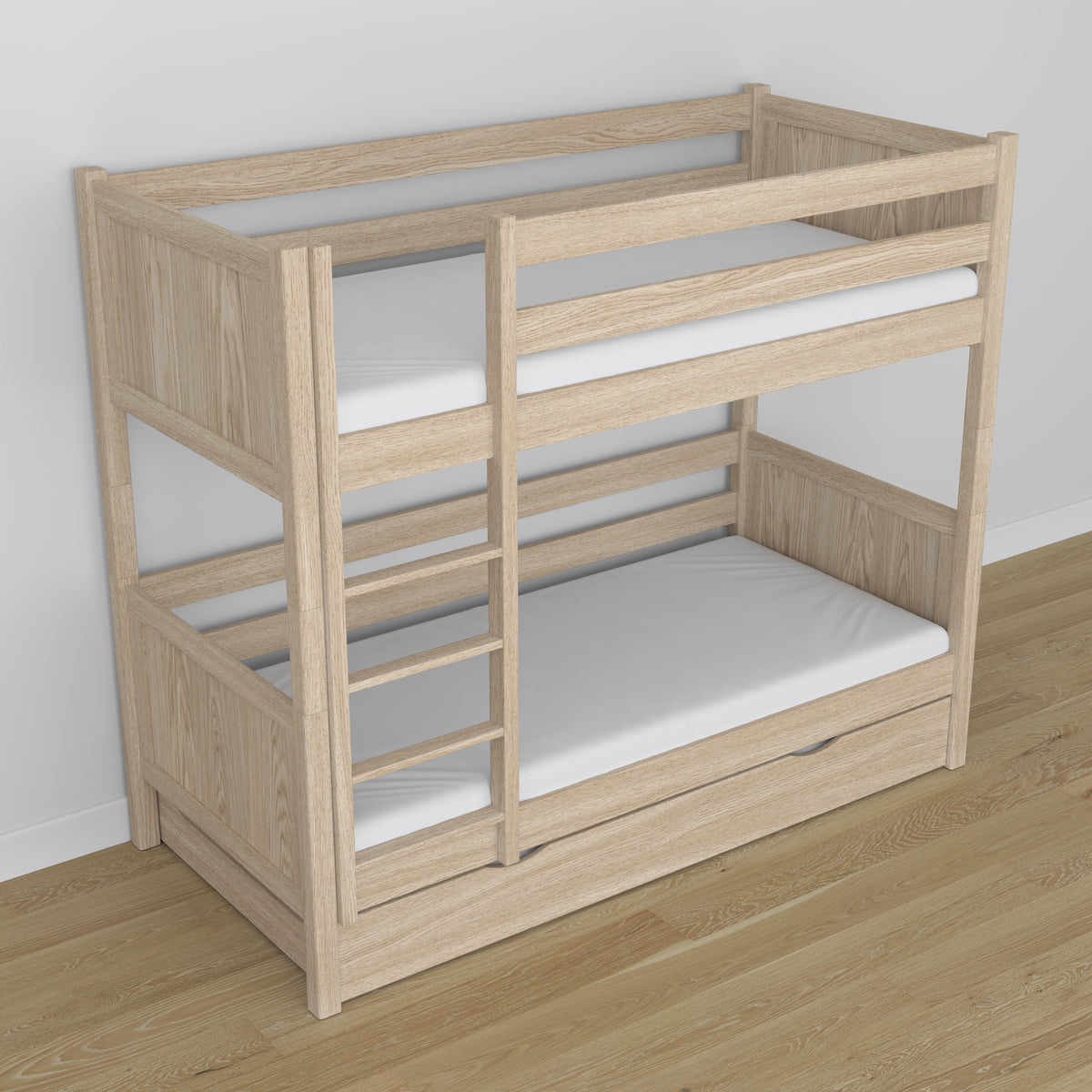 Lit superposé avec tiroir pour matelas chêne blanchi en chêne – bois massif, style scandinave