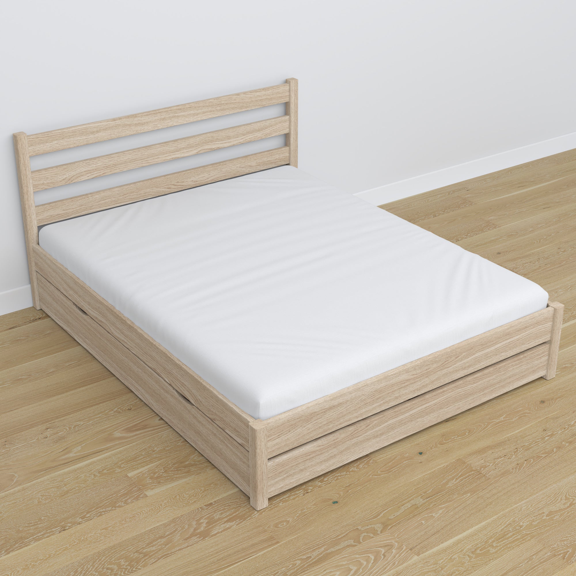 Doppelbett gebleichte Eiche – Eichenbeine und Eichensockel, Nahaufnahme