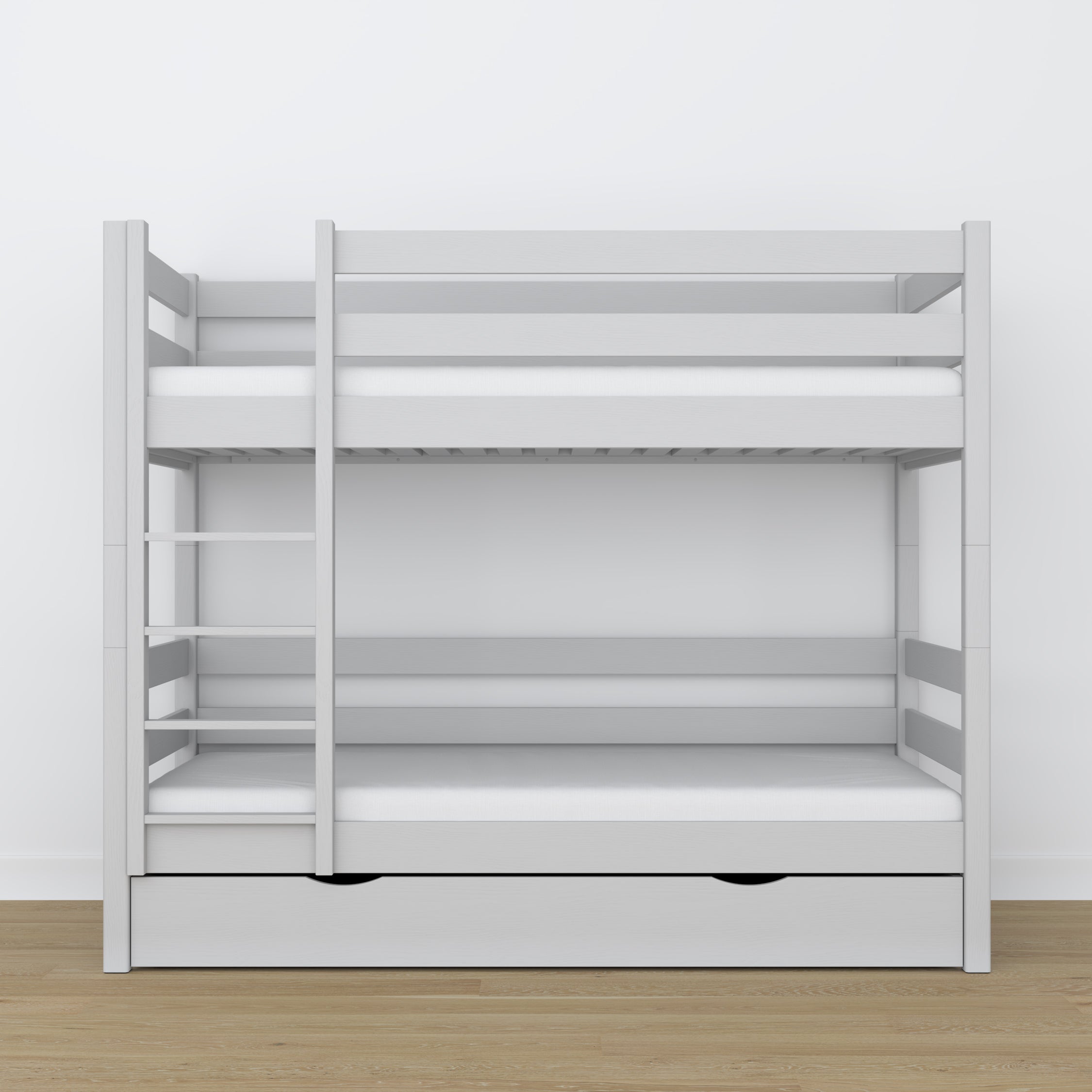 Lit superposé en bois gris – détails des assemblages et de l'échelle, chambre d'enfant