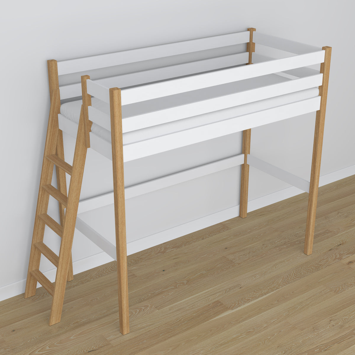 Hochbett aus Holz, Weiß-Eiche – Details der Verbindungen und Leiter, Nizio Home