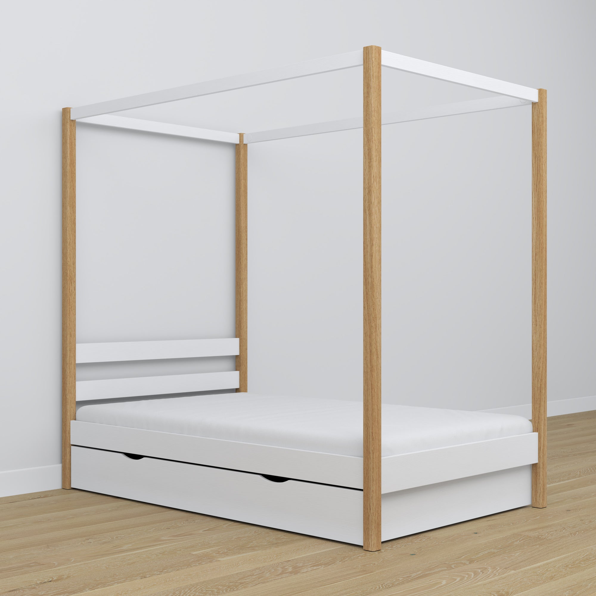 Wooden canopy bed white-oak – decorative frame, child’s room