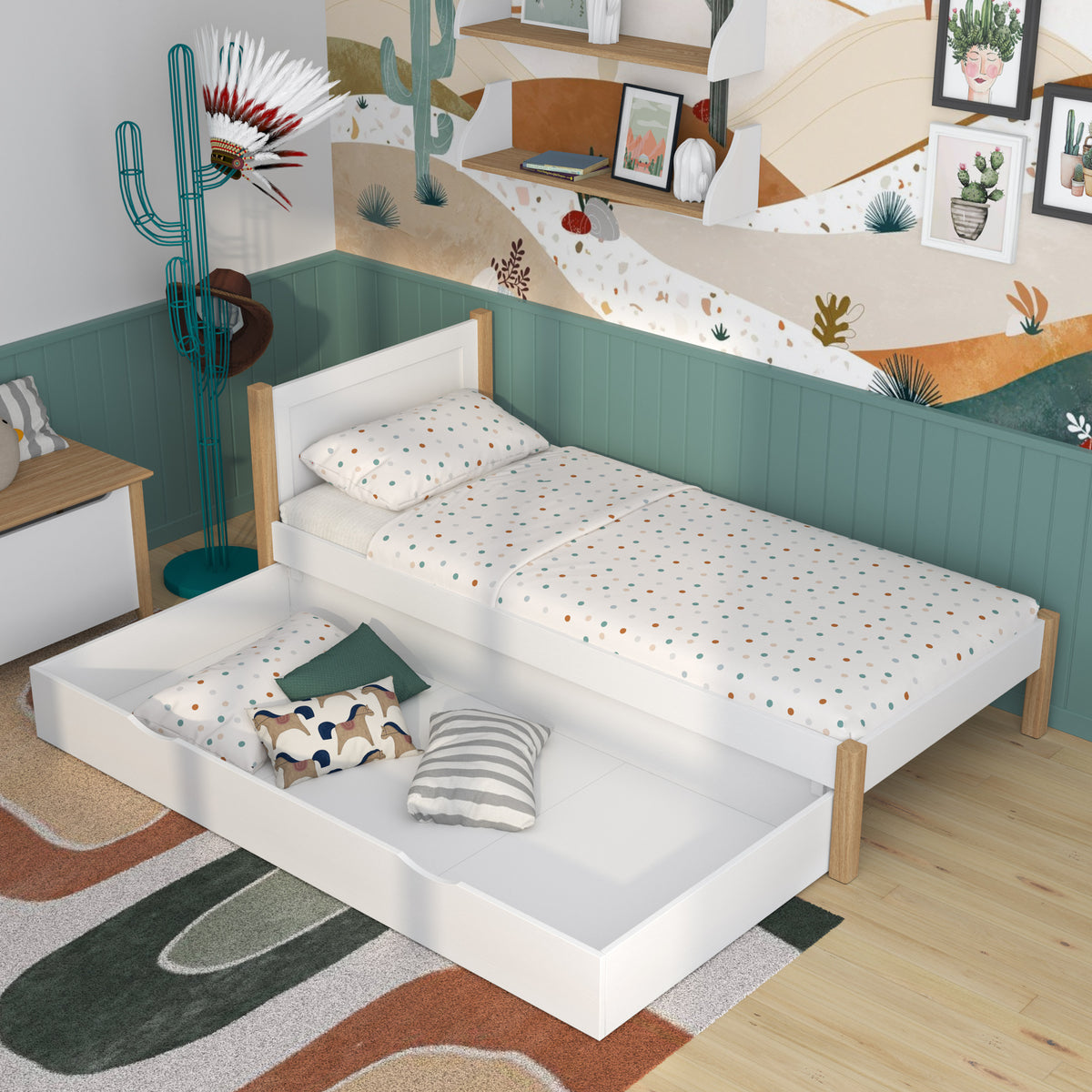 Bett Weiß-Eiche mit Schublade – geräumiges Staufach, aus Holz, für Kinder Nizio