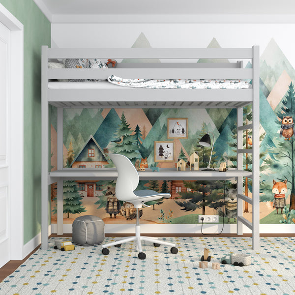Loft bed grey with desk – study space under the sleeping area, wooden