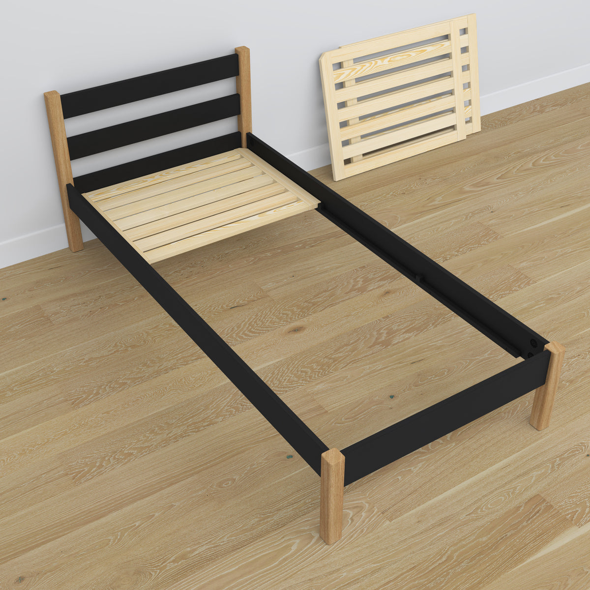 Bett schwarz-eiche mit Schublade – komplett aus Holz, scandi Nizio Home