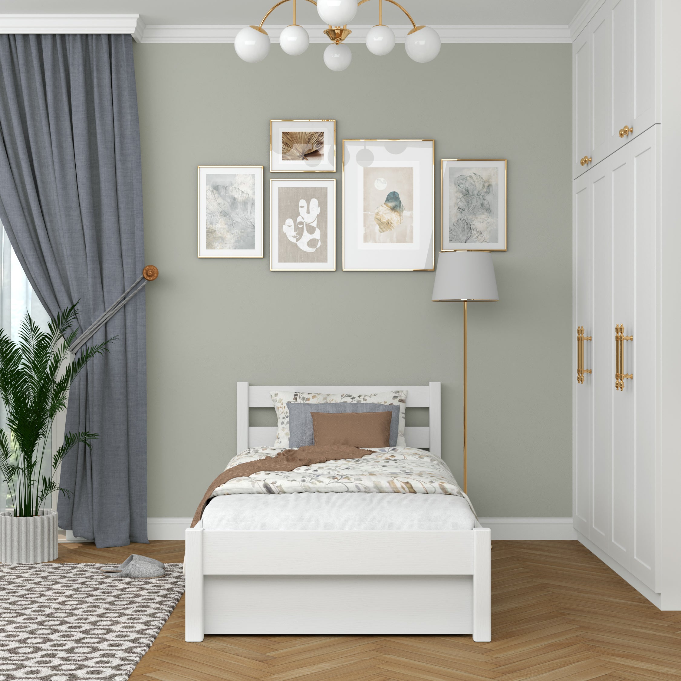 Lit blanc z tiroir – vue de côté, en bois, Nizio Home