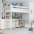 Weißes Hochbett aus Holz in hellem Kinderzimmer mit Regal darunter