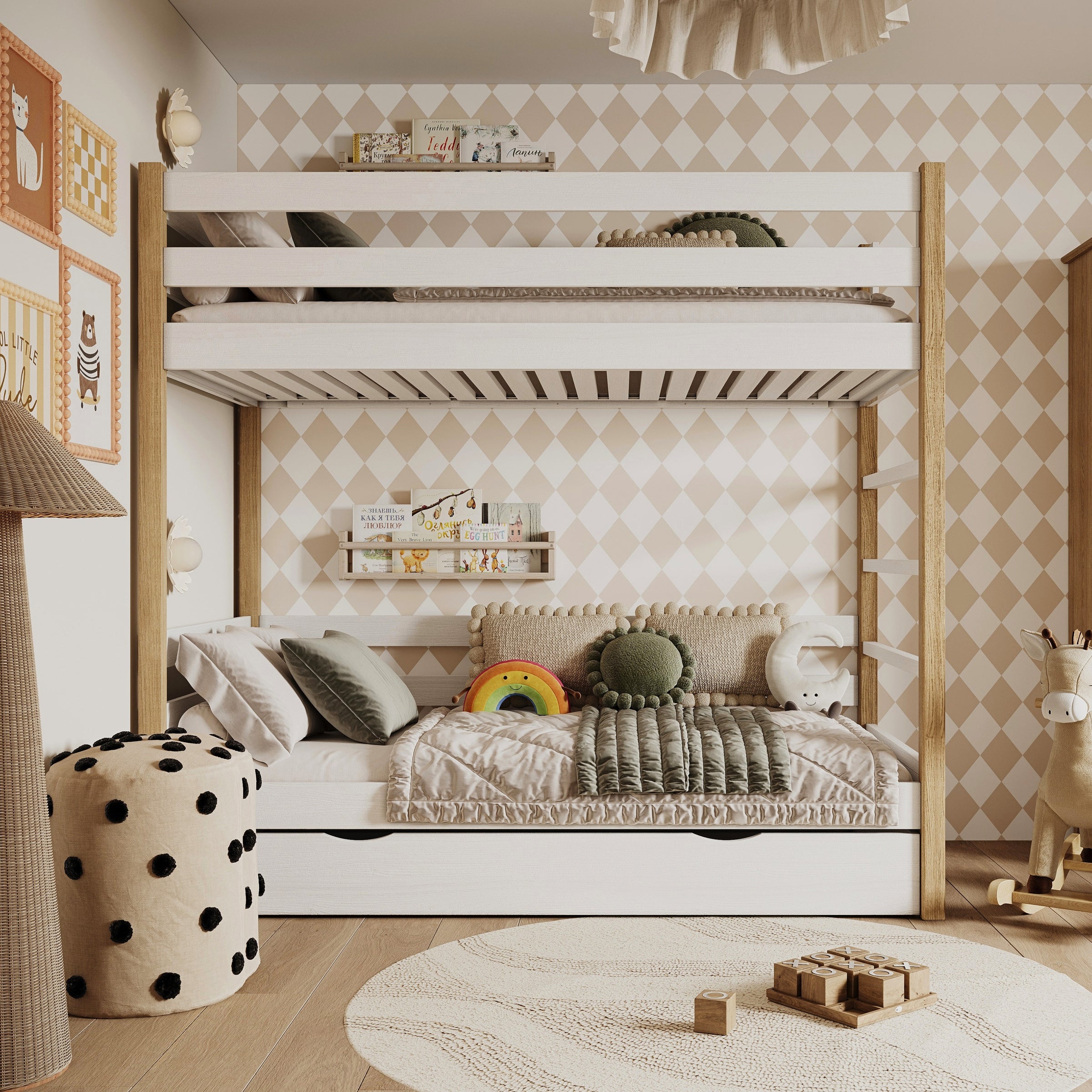 White and Oak Wooden Bunk Bed – Open Drawer, Spacious Storage Under the Bed