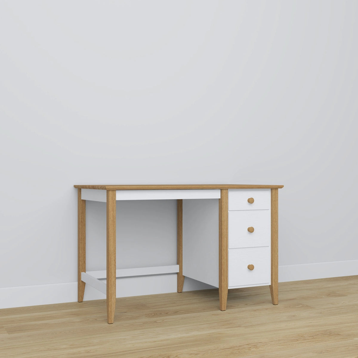 Bureau 3S blanc avec chêne – en bois, plateau compact, vue frontale, Nizio