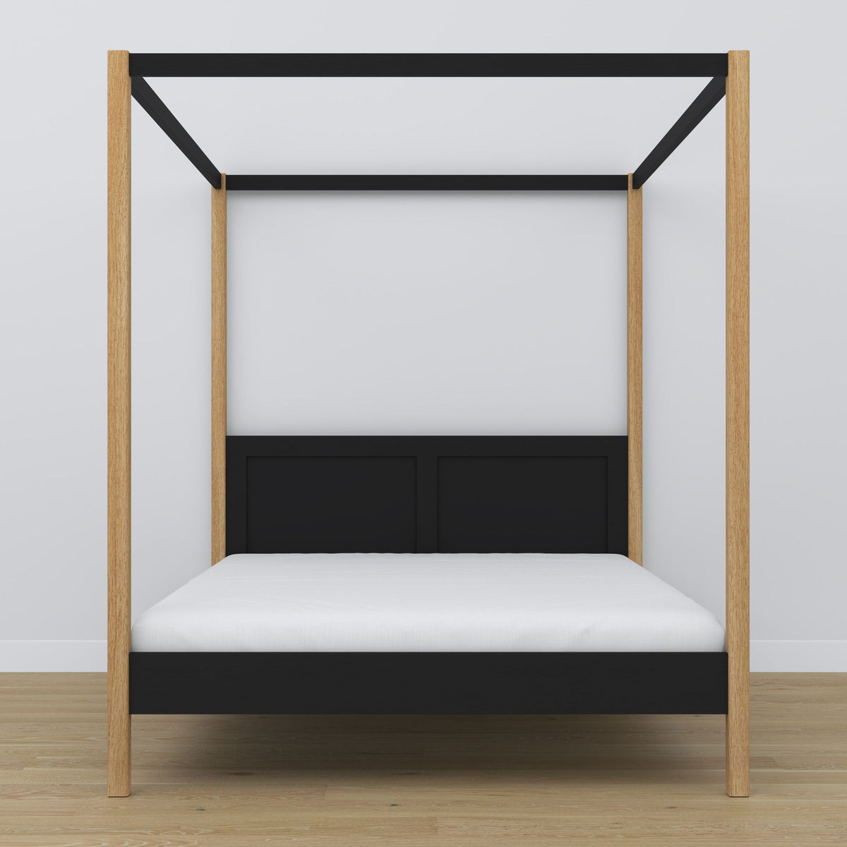 Doppelbett Schwarz-Eiche mit Baldachin – Rahmenecke aus Holz, Nahaufnahme