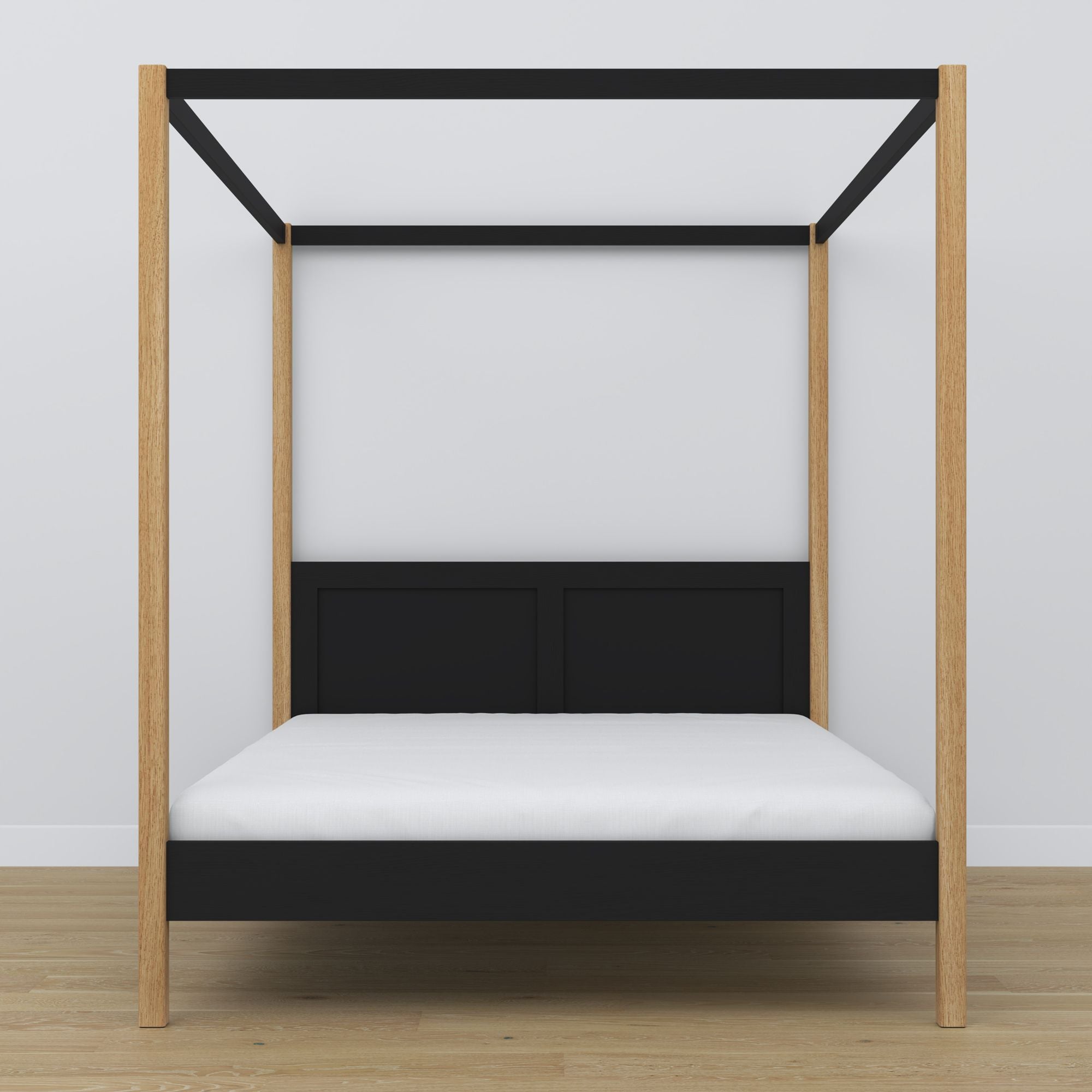 Doppelbett Schwarz-Eiche mit Baldachin – Rahmenecke aus Holz, Nahaufnahme